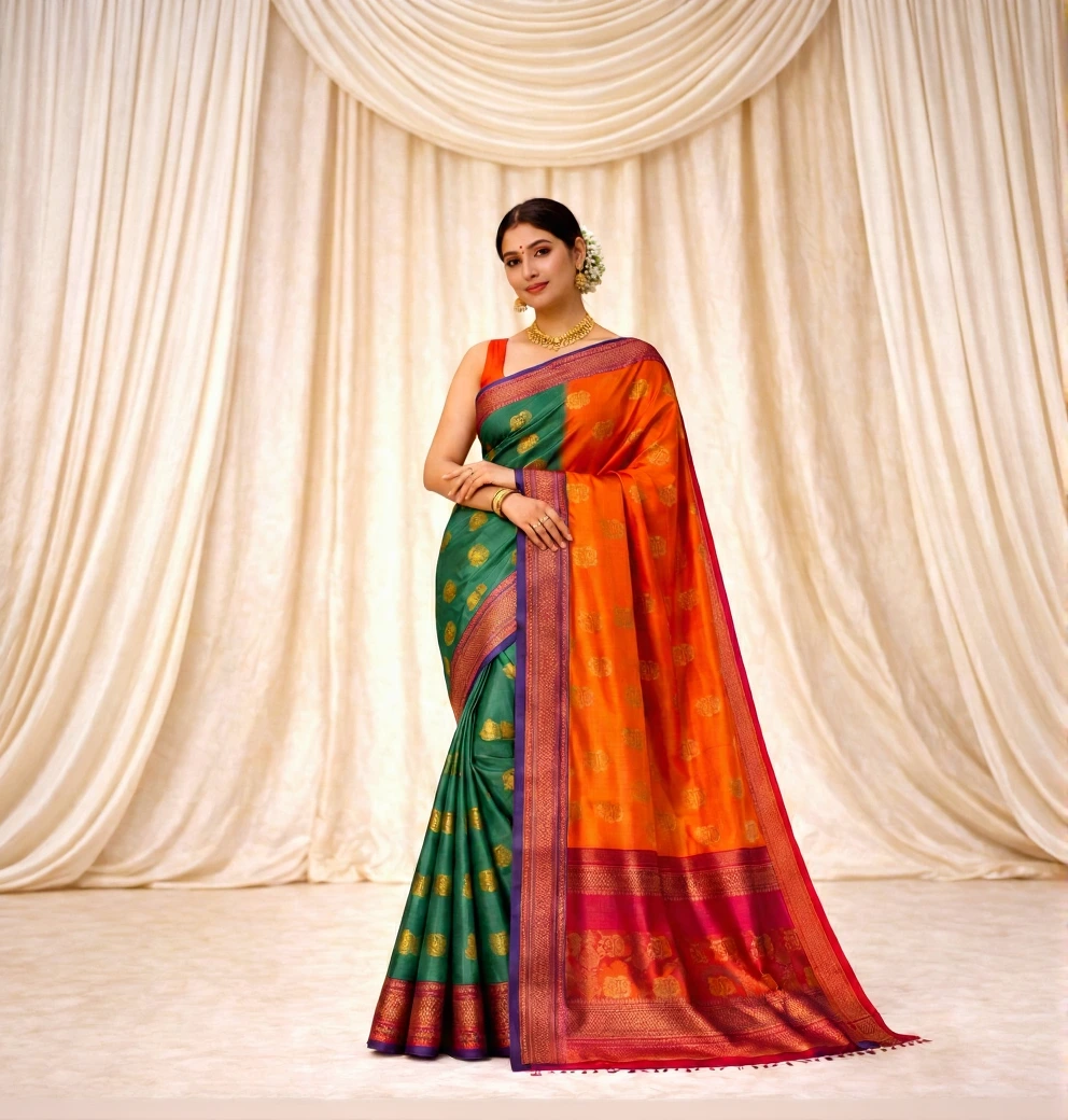 Silk Saree with Contrast Pallu in Peacock Green with Burnt Orange zari pallu