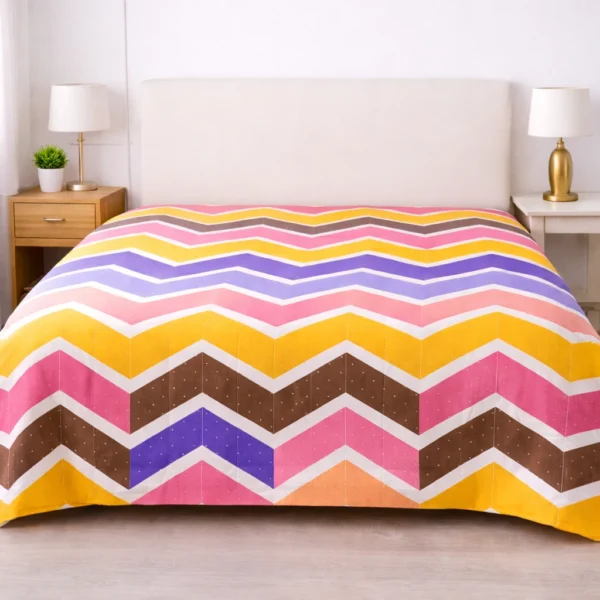 Breathable Cotton Double Bed Cover with multicolour chevron zig-zag pattern