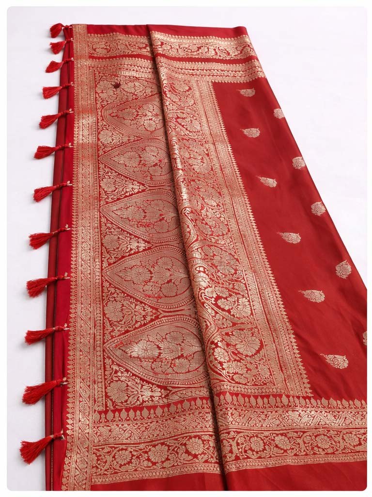Crimson Red Satin Silk Saree - Image 2