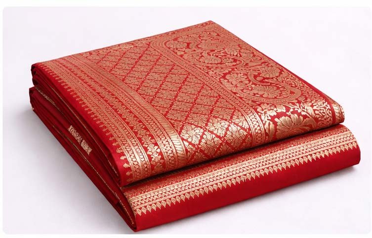 Crimson Red Satin Silk Saree - Image 3