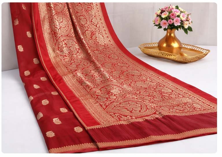 Crimson Red Satin Silk Saree - Image 4