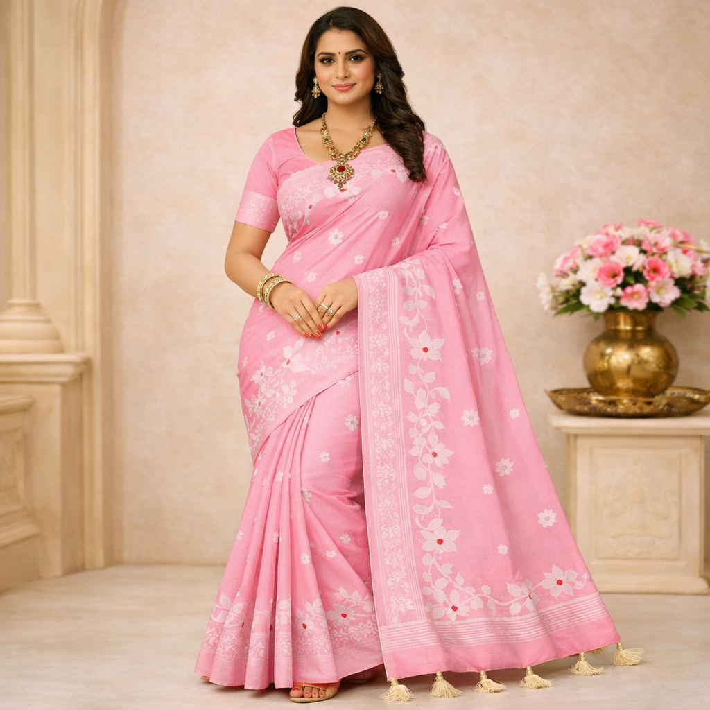 Bonolata Suvarna Muslin Saree in soft peach with copper gold pallu and floral vine design
