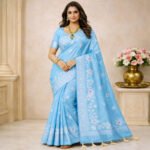 Sky Blue Muslin Saree with floral woven design and aqua blue pallu