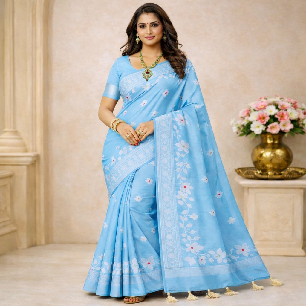 Sky Blue Muslin Saree with floral woven design and aqua blue pallu