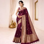Nandini Open Border Silk Royal Wine saree with antique gold zari pallu