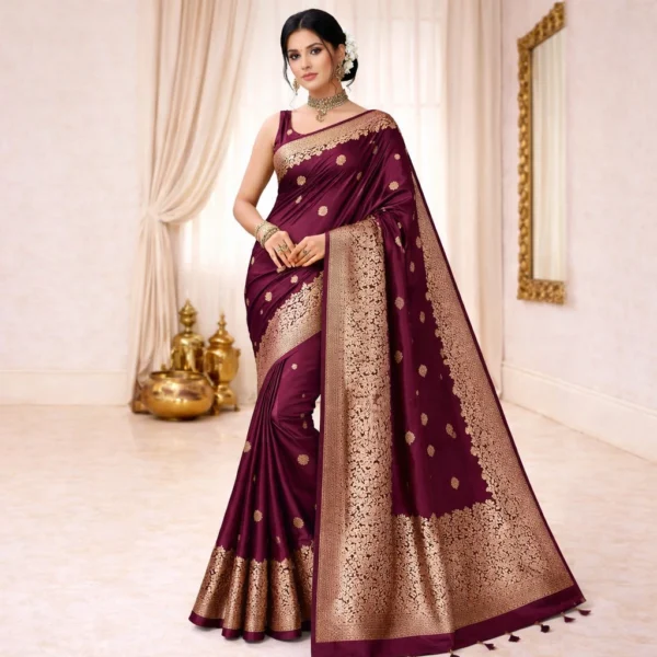 Nandini Open Border Silk Royal Wine saree with antique gold zari pallu