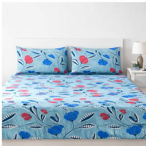 Cotton Floral Double Bedcover in blue with red botanical print and matching pillow covers