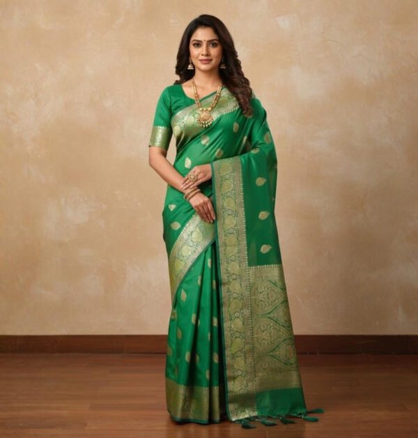 Tamra Raga satin silk saree in emerald green with antique copper zari pallu