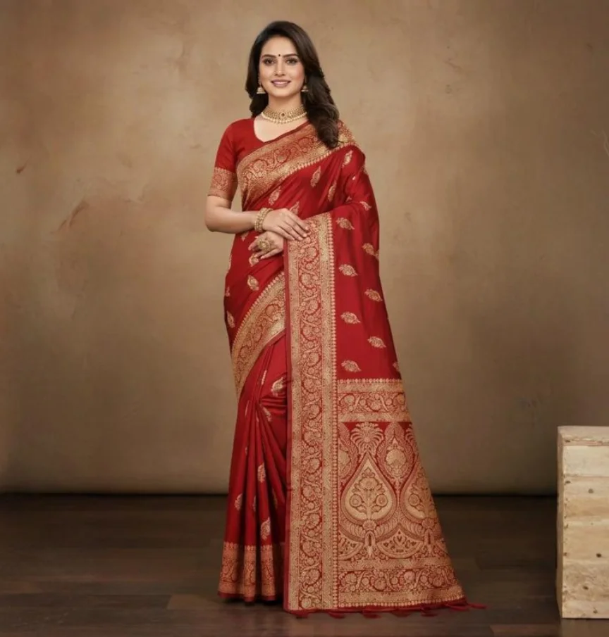 Crimson Red Satin Silk Saree with antique copper zari pallu and woven motifs