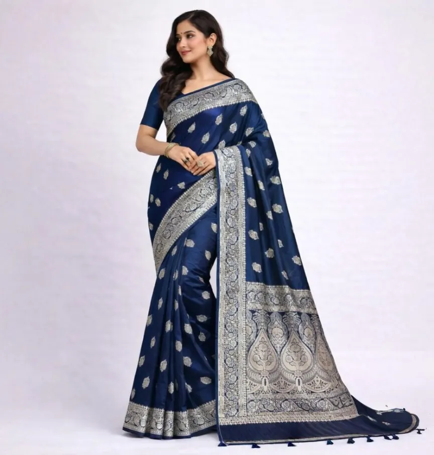 Royal Blue Satin Silk Saree with antique zari pallu and woven traditional motifs