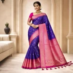 Neelkamal Rani Premium Satin Silk Saree navy blue with rani pink zari pallu and copper butta work