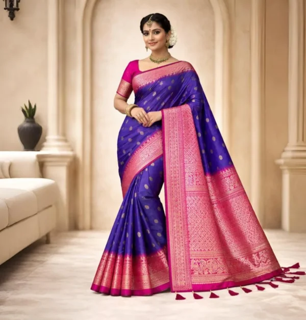 Neelkamal Rani Premium Satin Silk Saree navy blue with rani pink zari pallu and copper butta work