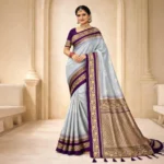 Tamra Noor Satin Silk Saree white body with copper zari pallu and purple border
