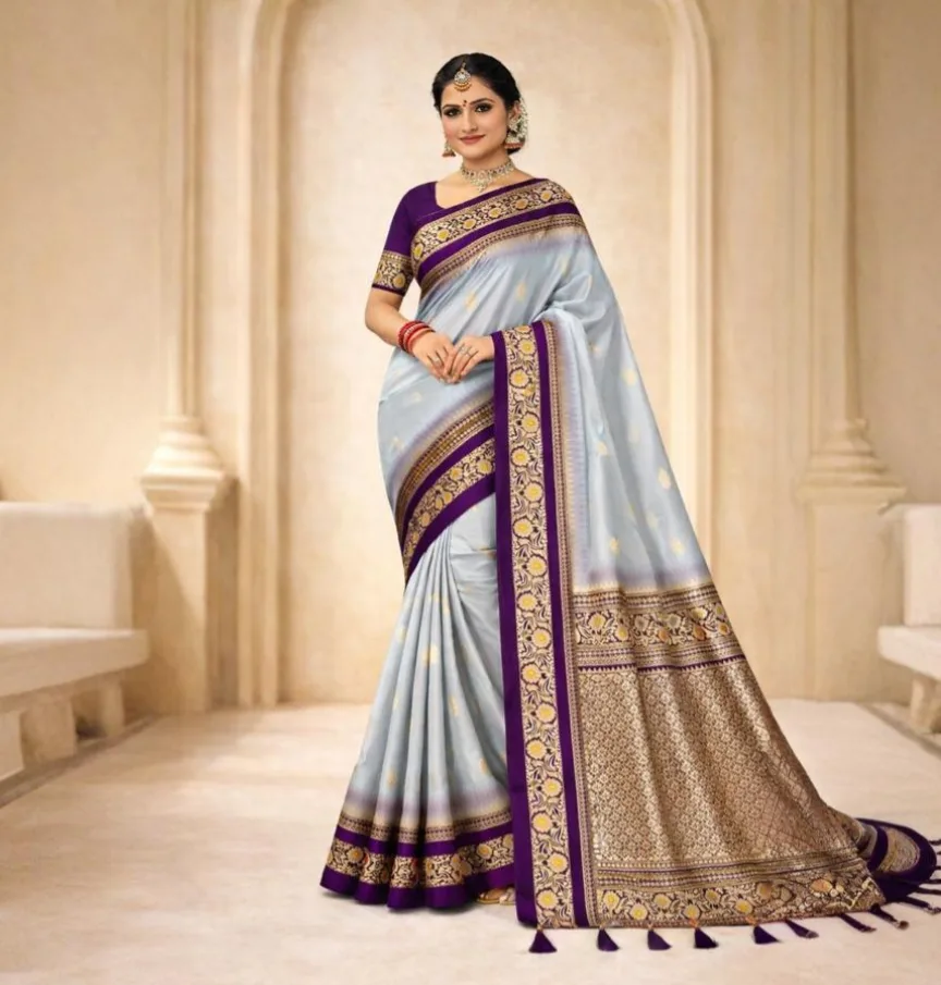 Tamra Noor Satin Silk Saree white body with copper zari pallu and purple border