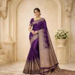Tamra Vallari Satin Silk Saree royal wine purple with copper zari pallu and intricate border