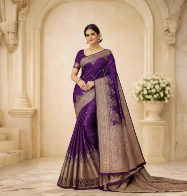 Tamra Vallari Satin Silk Saree royal wine purple with copper zari pallu and intricate border