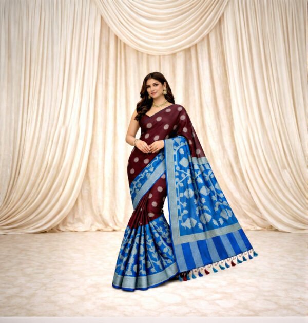 Wine Maroon Muslin Saree with royal blue contrast pallu and woven motifs