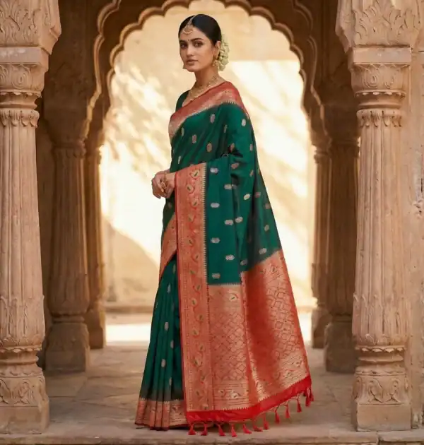 Peacock Teal Satin Silk Saree with vermilion red copper zari pallu and woven motifs