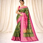 Soft Silk Saree with Contrast Pallu in Rose Pink and Royal Bottle Green with antique gold zari