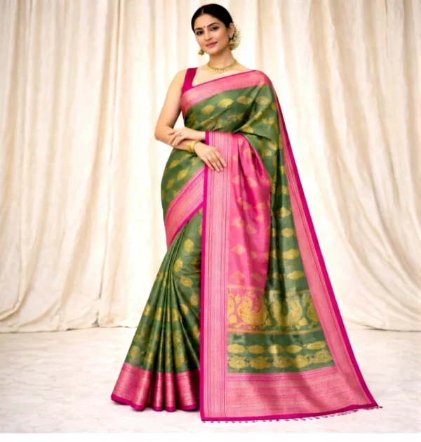 Soft Silk Saree with Contrast Pallu in Rose Pink and Royal Bottle Green with antique gold zari