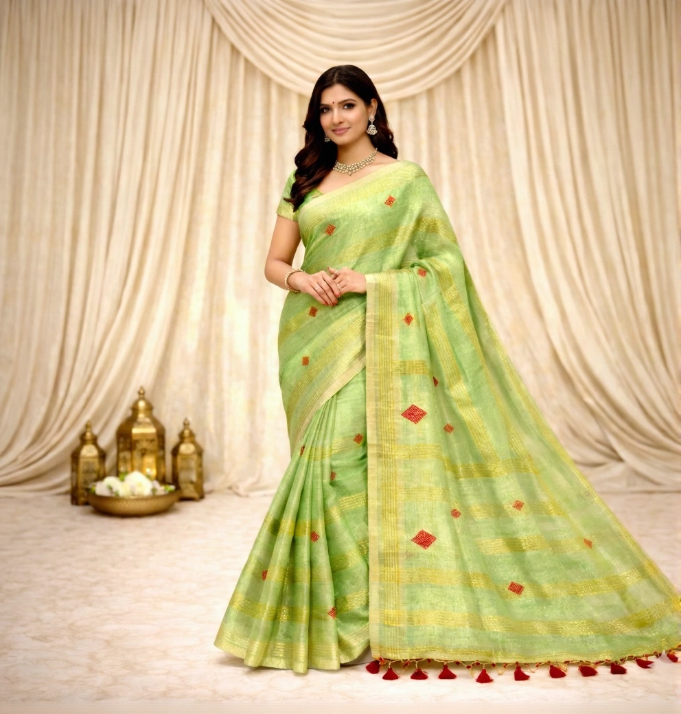 Pistachio Green Tissue Saree in cotton tissue with golden stripes and rust red motifs