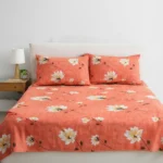 Peach Floral Cotton Double Bedcover with white and yellow floral print and matching pillow covers