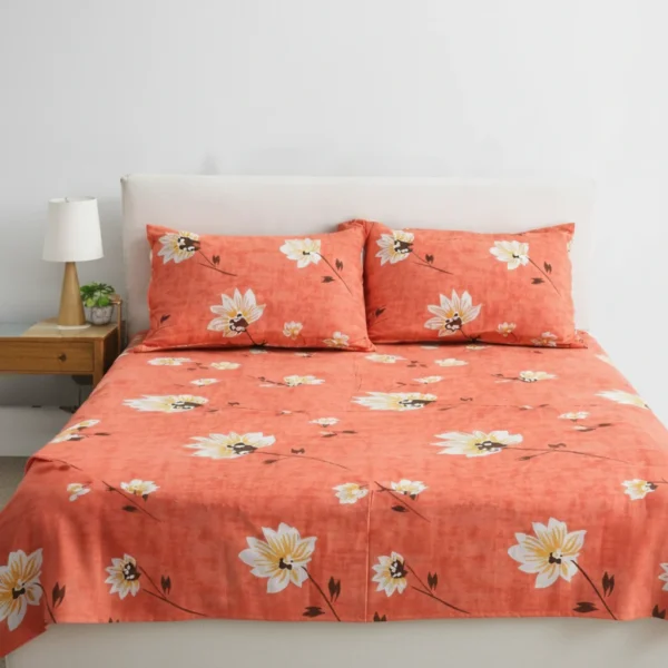 Peach Floral Cotton Double Bedcover with white and yellow floral print and matching pillow covers