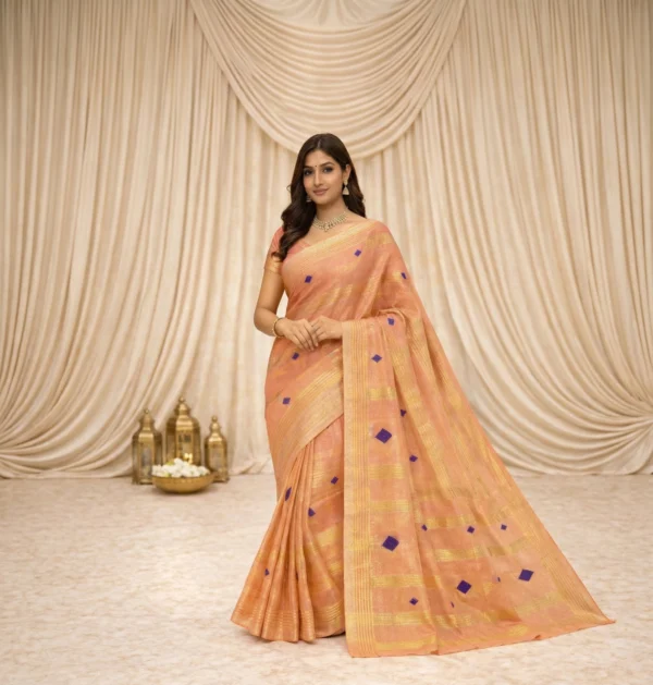 Aabha Tissue saree in peach blush with golden tissue stripes and royal blue motifs