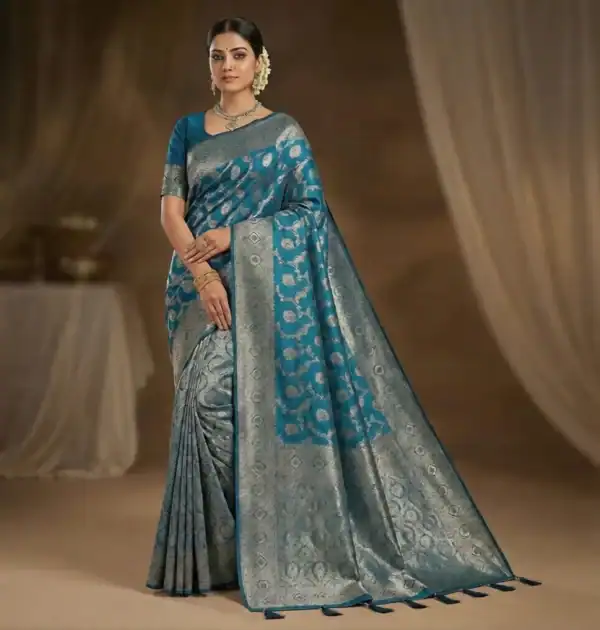 Neelambara Shobha Satin Silk Saree peacock teal blue with copper zari pallu and woven motifs