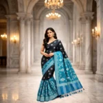Suhasini Premium Soft Muslin Saree Charcoal Black with Peacock Blue pallu
