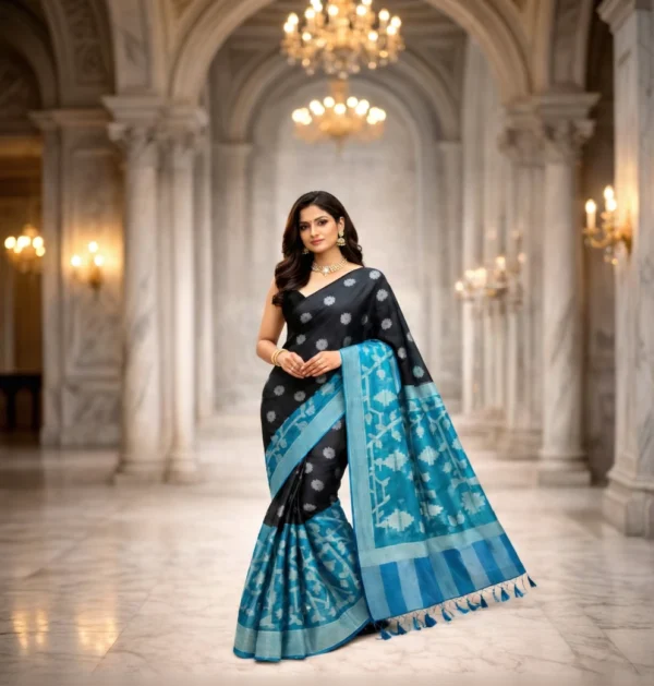 Suhasini Premium Soft Muslin Saree Charcoal Black with Peacock Blue pallu