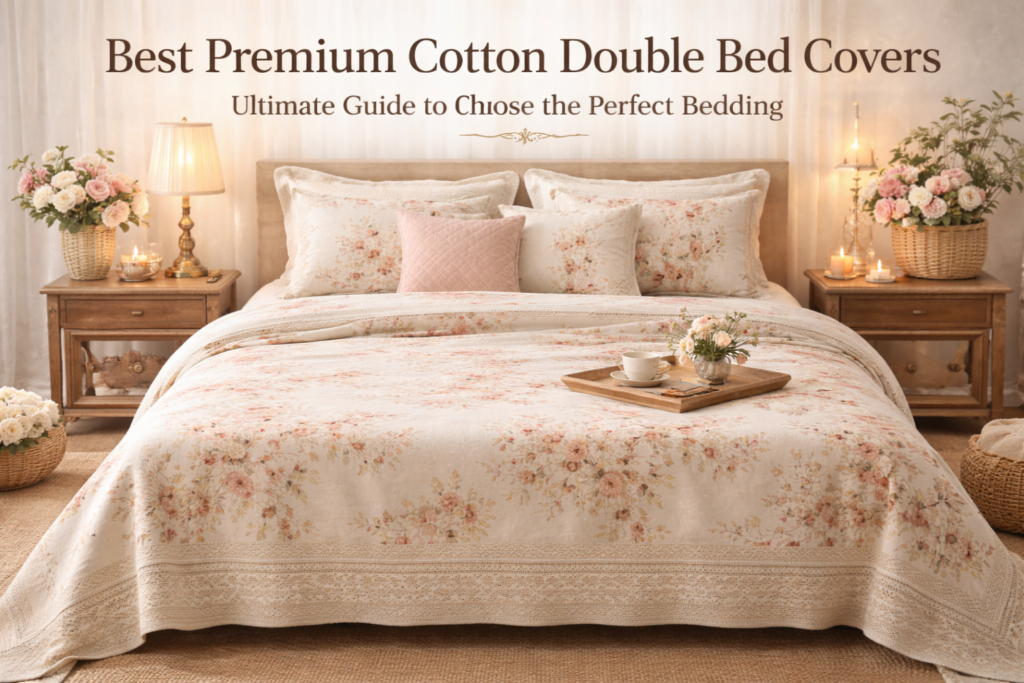 Premium cotton double bed cover with floral print styled in elegant bedroom setting