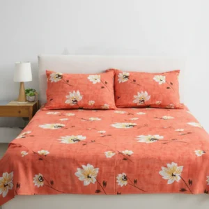 Peach Floral Cotton Double Bedcover with white and yellow floral print and matching pillow covers