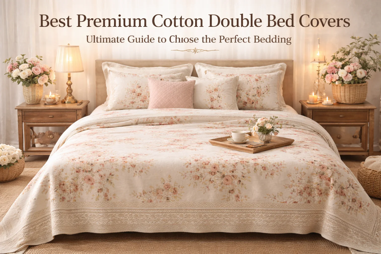 Premium cotton double bed cover with floral print styled in elegant bedroom setting